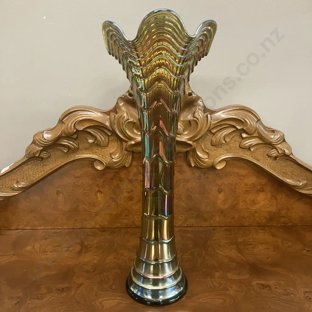 Scarce Antique Imperial Green Ripple Carnival Glass Swung Vase Pattern 481, Radium Style Finish. H48.5cm Image 1++
