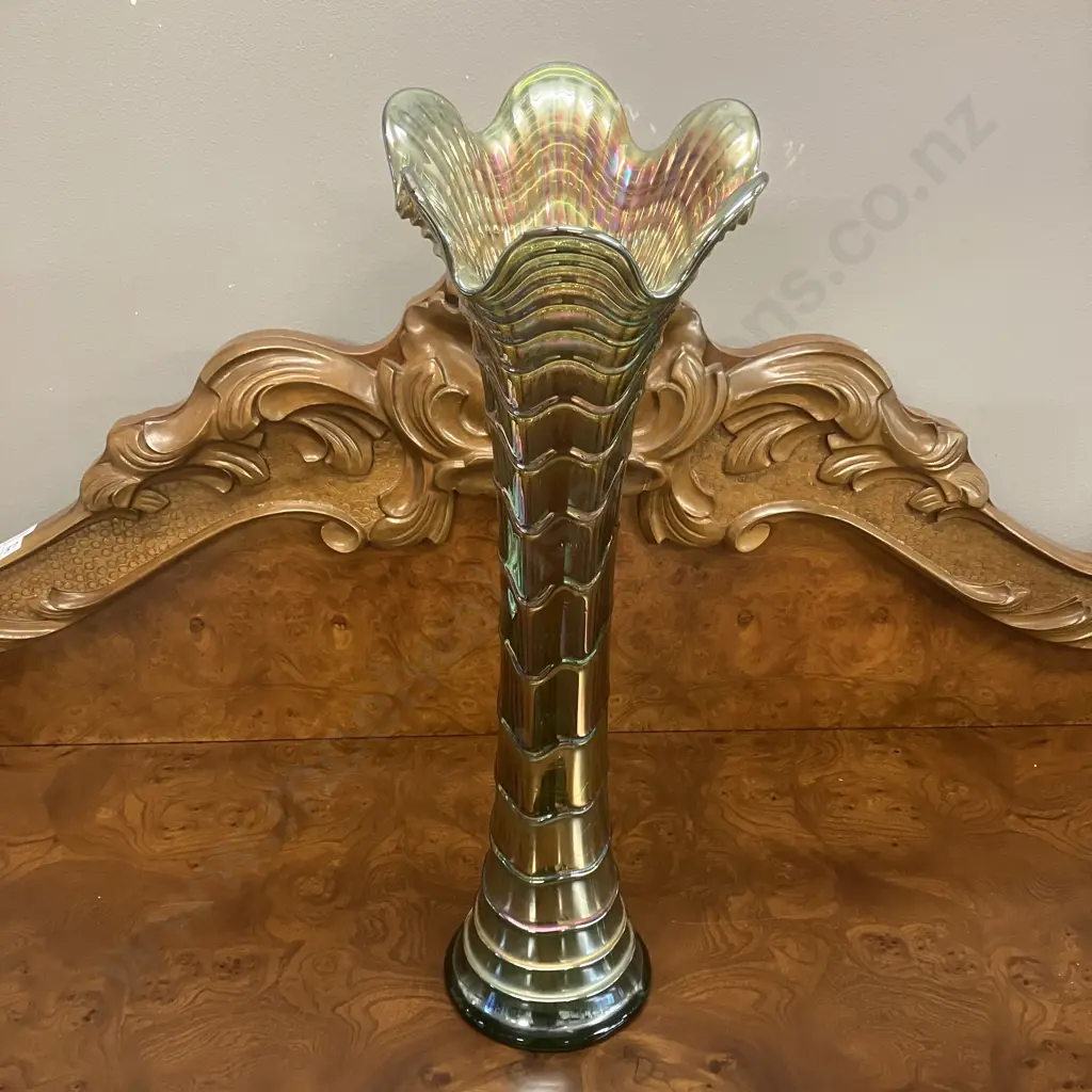Scarce Antique Imperial Green Ripple Carnival Glass Swung Vase Pattern 481, Radium Style Finish. H48.5cm Image 1++