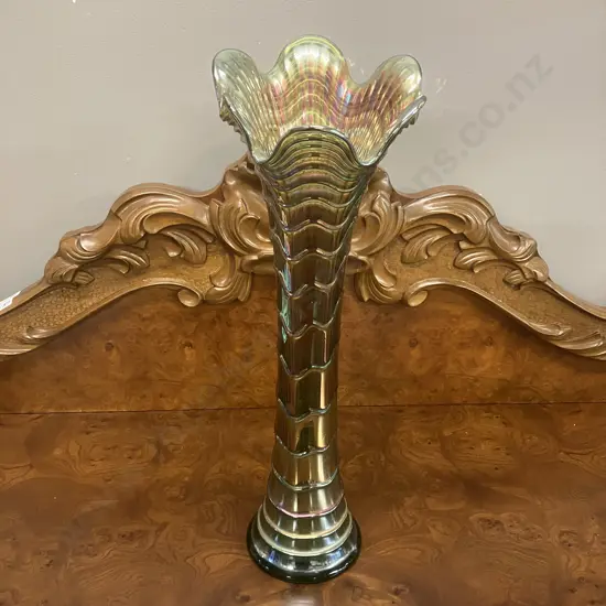 Scarce Antique Imperial Green Ripple Carnival Glass Swung Vase Pattern 481, Radium Style Finish. H48.5cm