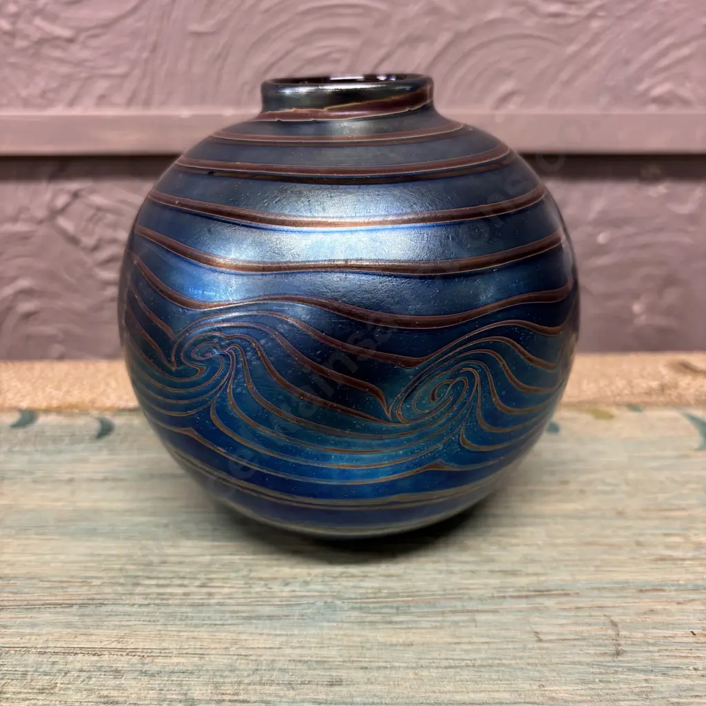Denizen Bulbous Irredescent Vase. Signed and dated '89. H14cm Dia 14cm Image 1++
