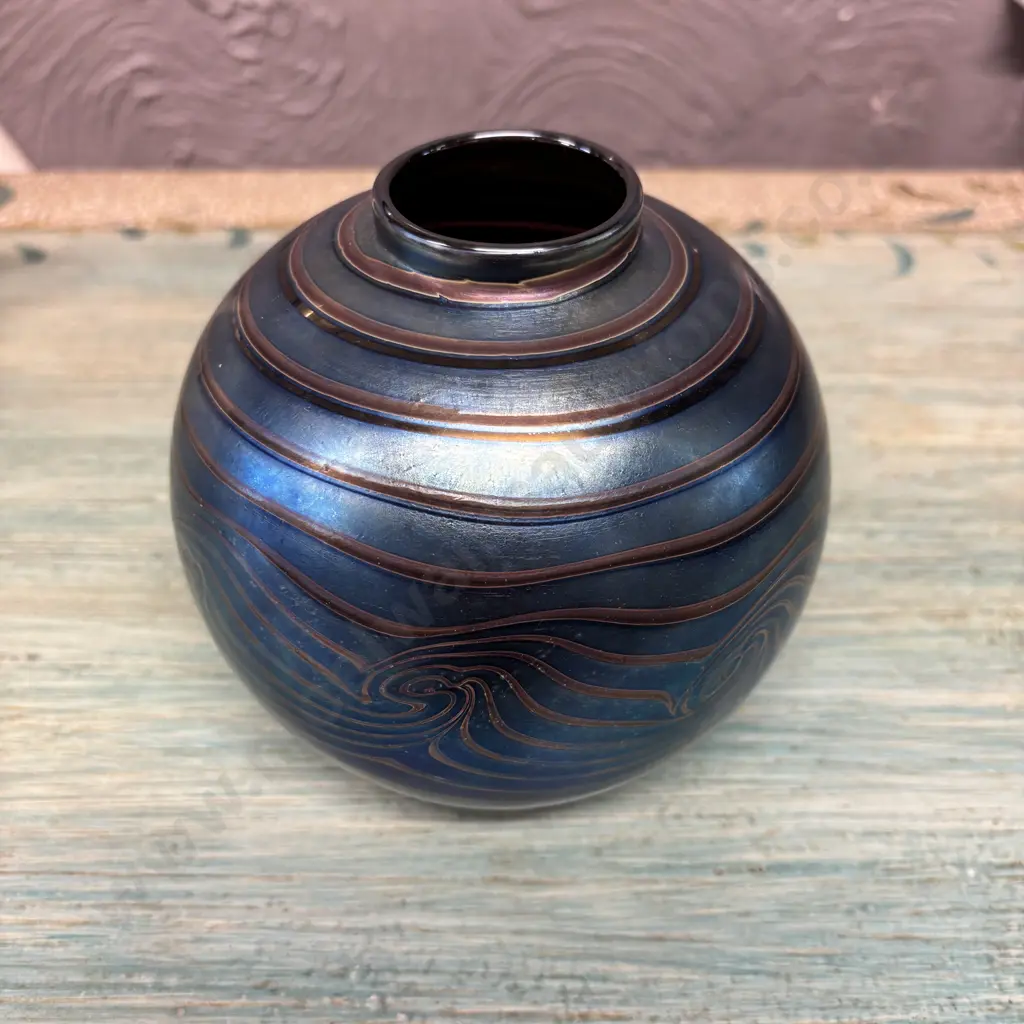 Denizen Bulbous Irredescent Vase. Signed and dated '89. H14cm Dia 14cm Image 1++
