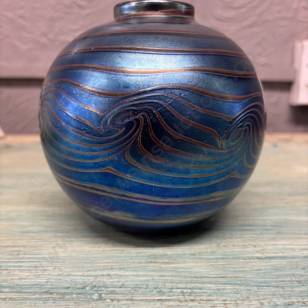 Denizen Bulbous Irredescent Vase. Signed and dated '89. H14cm Dia 14cm Image 1++