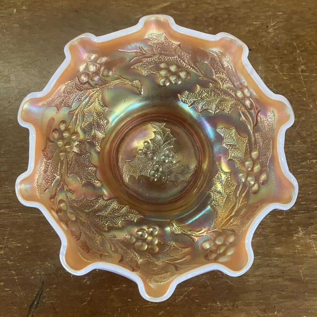 Antique Dugan Rare Castle Edge 'Holly & Berry' Peach Opalescent Bowl. 5.5 x 18cm Image 1++