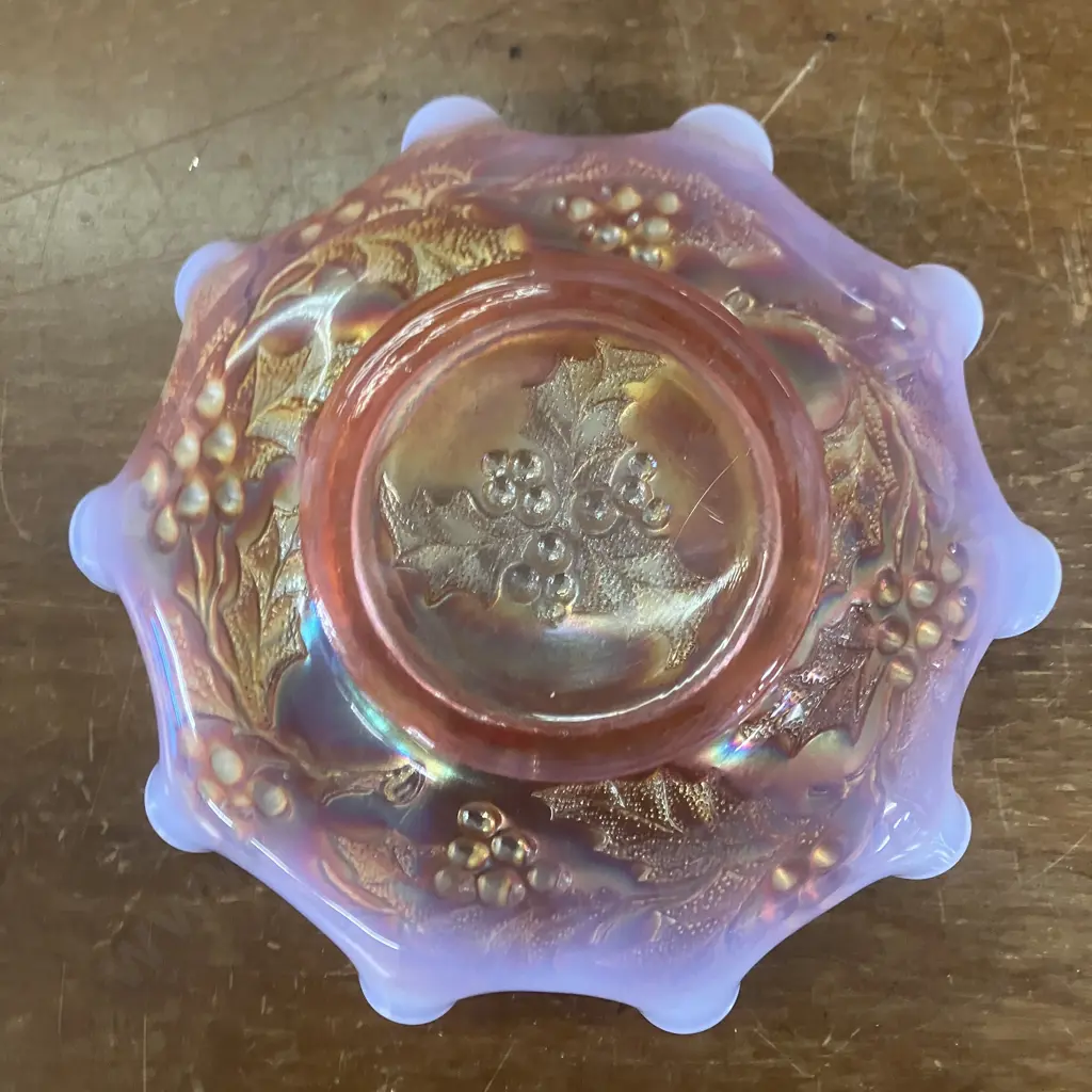 Antique Dugan Rare Castle Edge 'Holly & Berry' Peach Opalescent Bowl. 5.5 x 18cm Image 1++