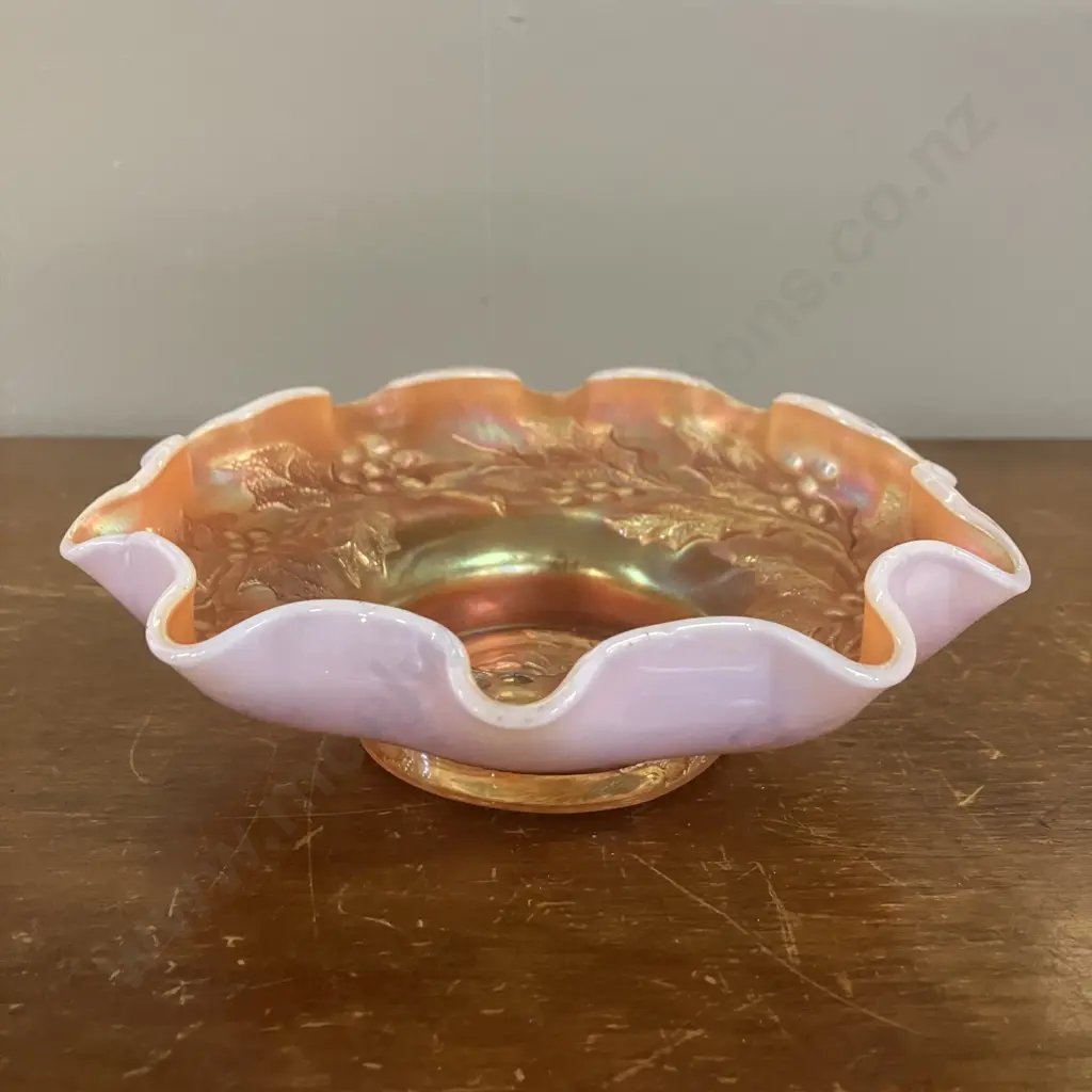 Antique Dugan Rare Castle Edge 'Holly & Berry' Peach Opalescent Bowl. 5.5 x 18cm Image 1++
