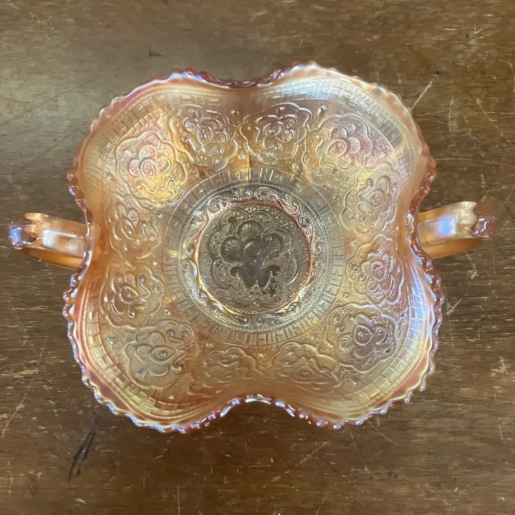 Antique Fenton Persian Medallion Marigold Carnival Glass Bonbon 2 Handled Candy Dish. 7 x 18.5cm Image 1++