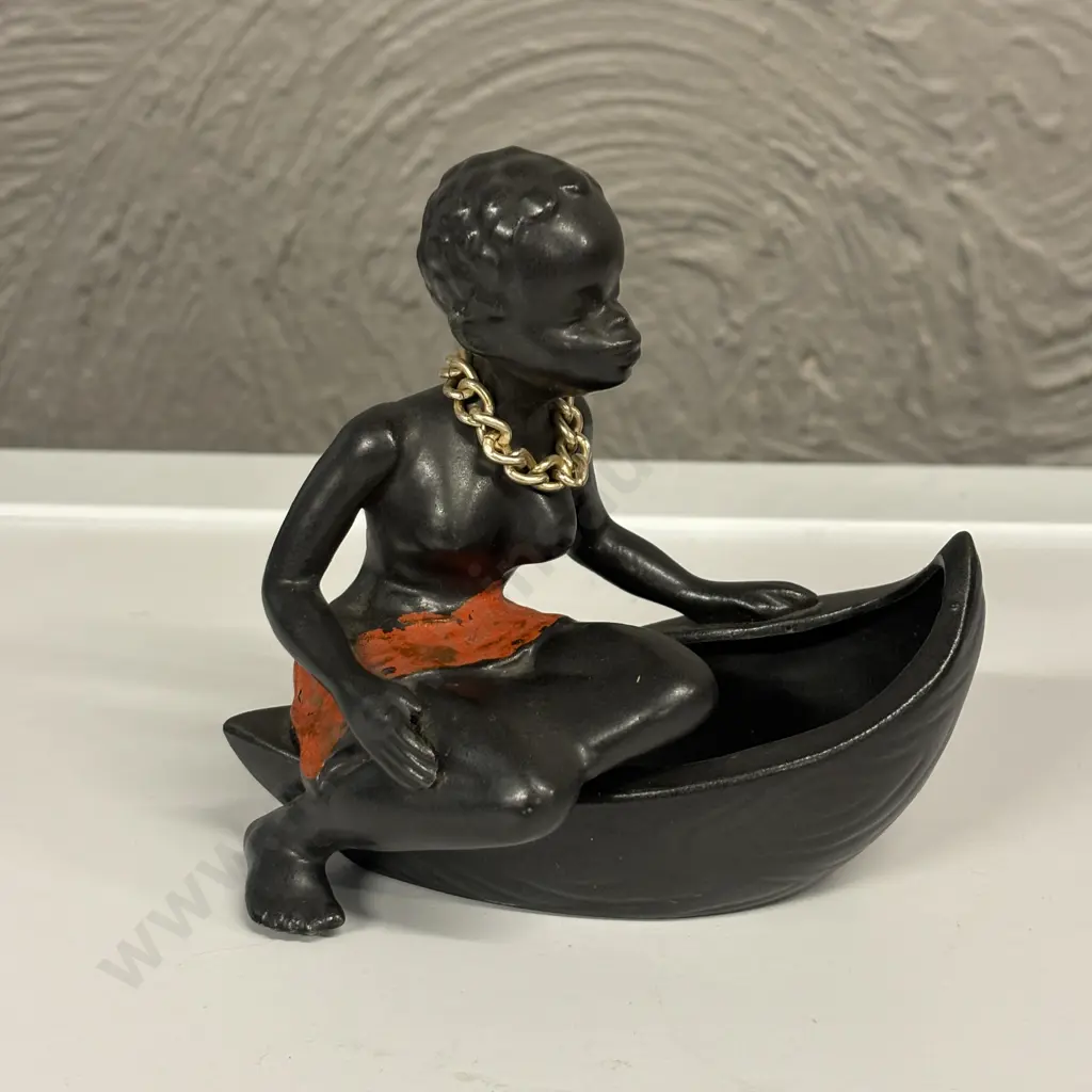 Mid Century African Lady seated on boat shaped dish Image 1++