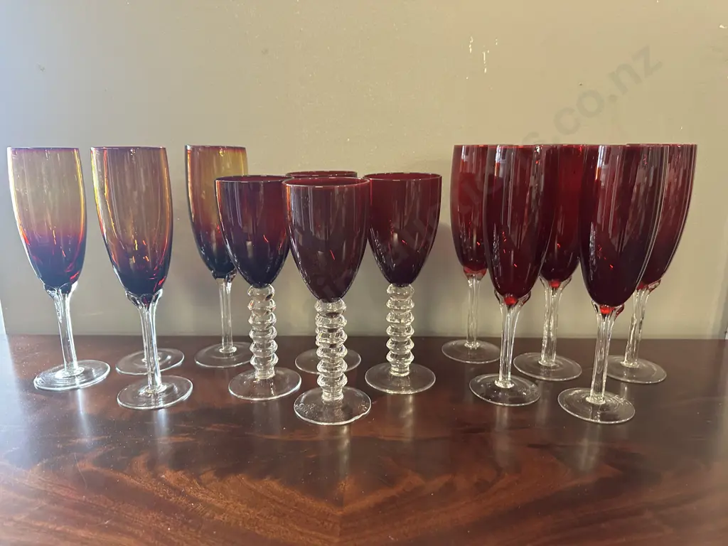 Large Selection Of Vintage Ruby & Amber Champagne Glasses (as found) Image 1++
