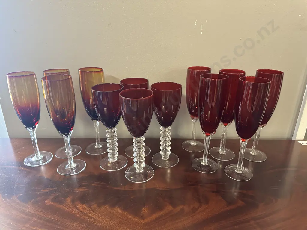 Large Selection Of Vintage Ruby & Amber Champagne Glasses (as found) Image 1++
