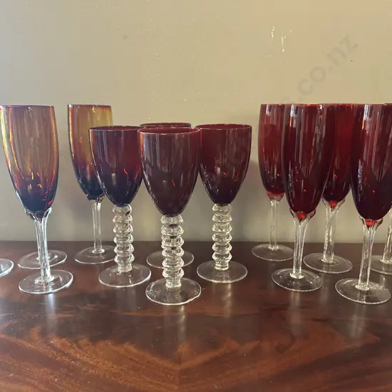 Large Selection Of Vintage Ruby & Amber Champagne Glasses (as found)