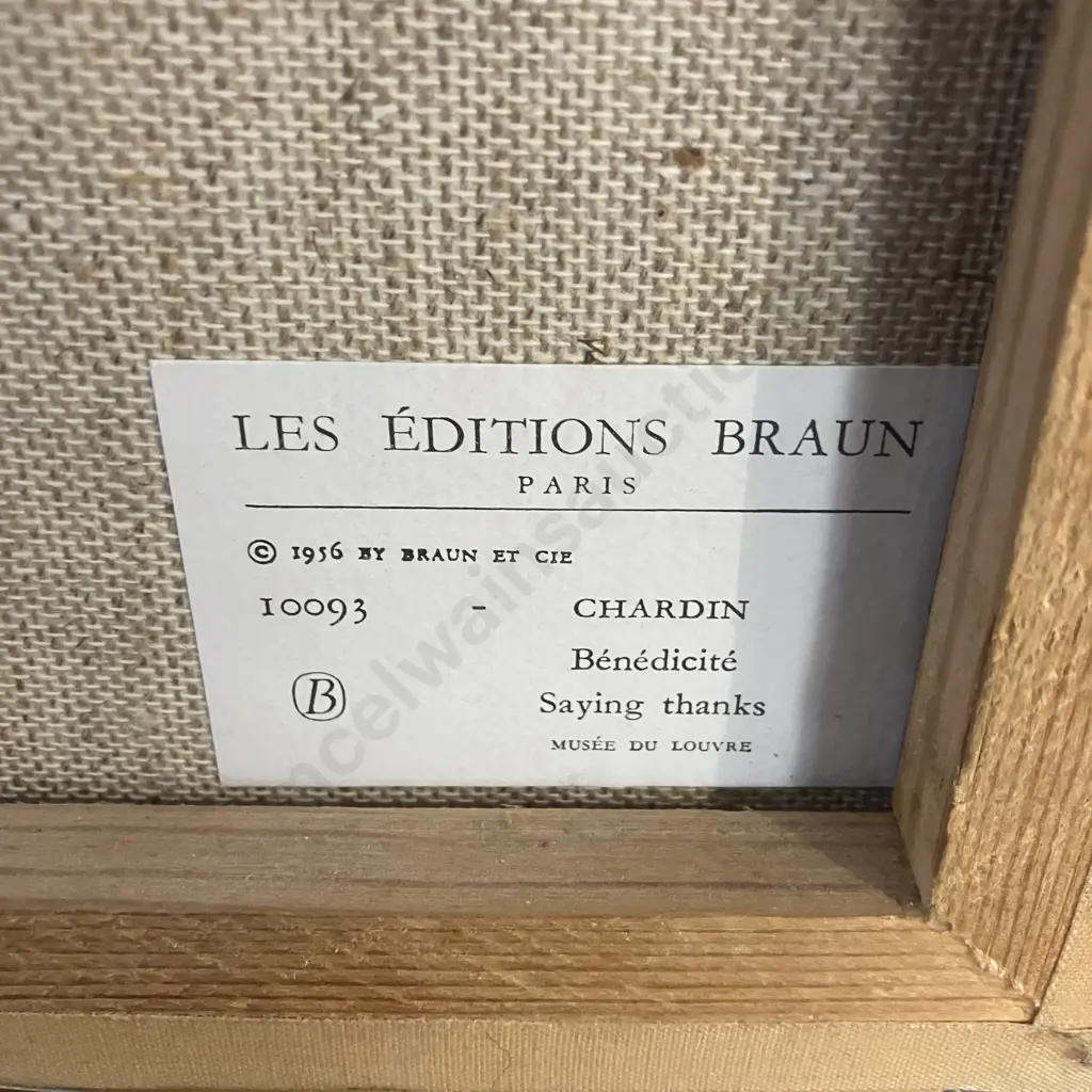 Vintage French Les Editions Braun Framed Reproductions Chardin Saying Thanks 1956 & Le bocal d'olives 1970 Image 1++