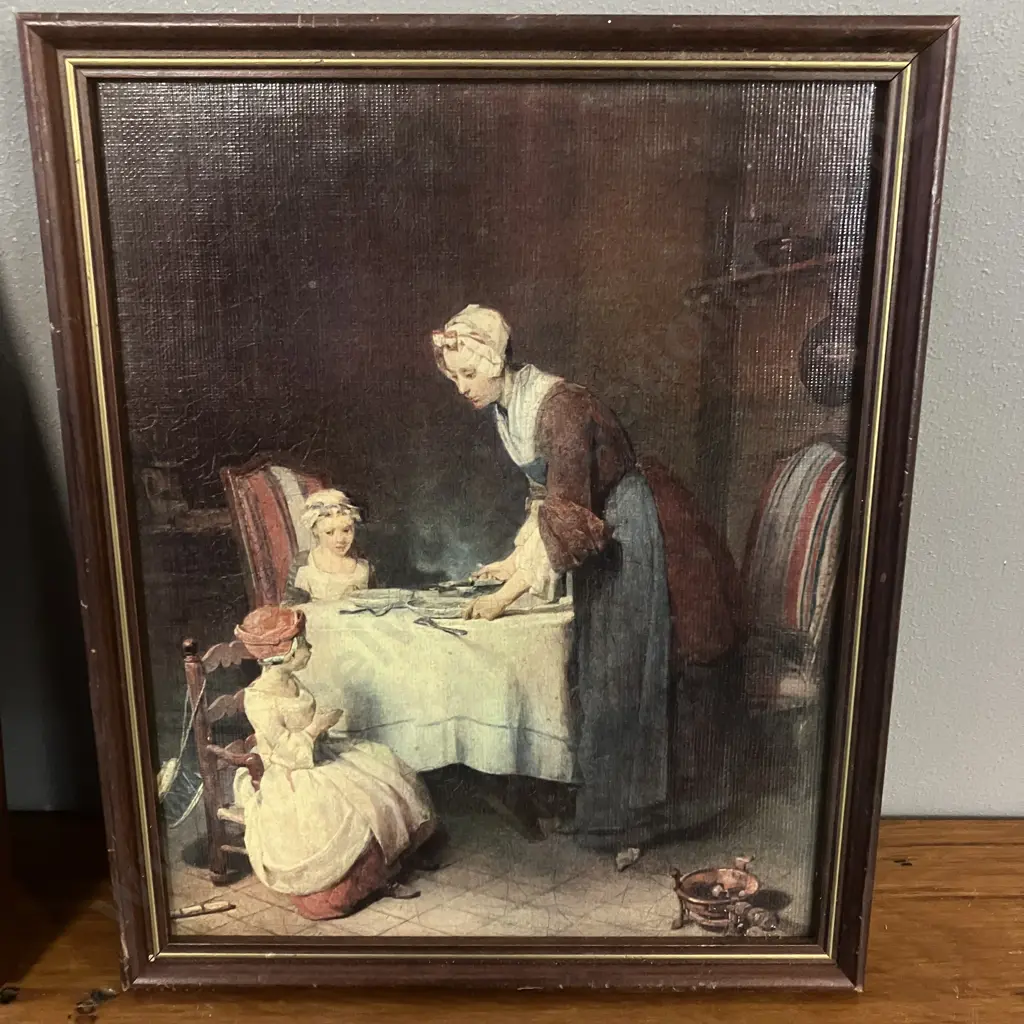 Vintage French Les Editions Braun Framed Reproductions Chardin Saying Thanks 1956 & Le bocal d'olives 1970 Image 1++