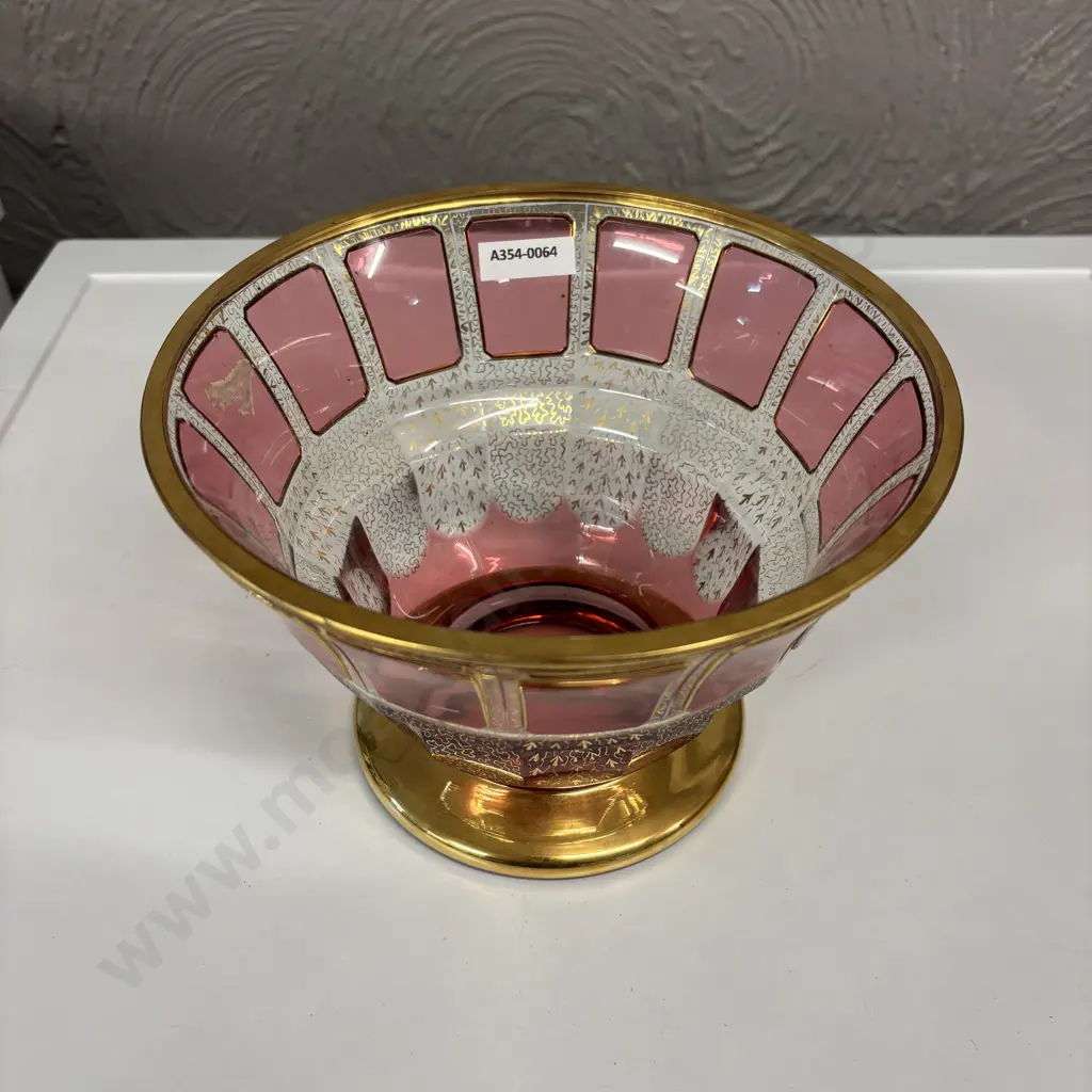 Antique Bohemian Crystal Bowl with gilded decoration and Cranberry glass panels. H14.5cm Dia21cm Image 1++