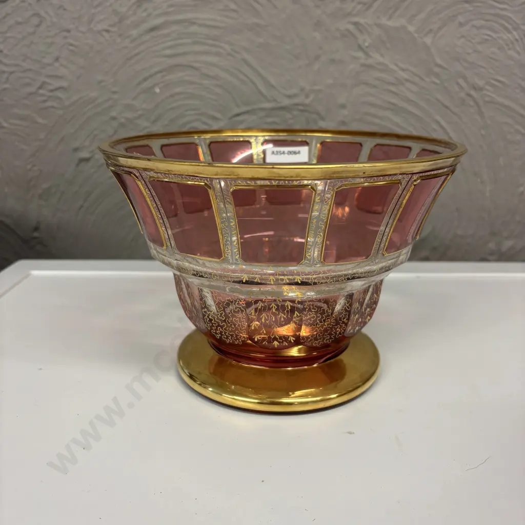 Antique Bohemian Crystal Bowl with gilded decoration and Cranberry glass panels. H14.5cm Dia21cm Image 1++