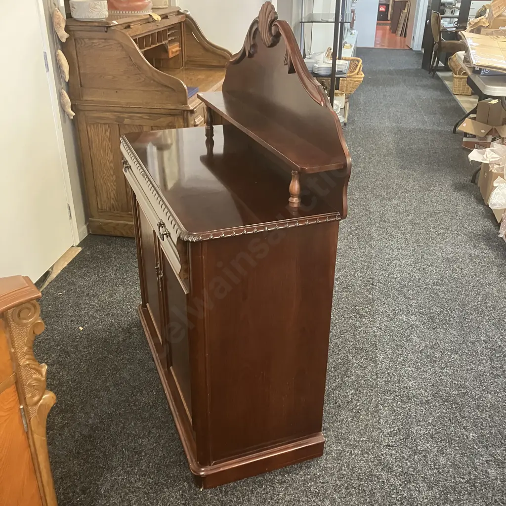 Mahogany Chiffonier, Single Drawer On 2 Doors, Rope Edged, Crested Arched Back With Shelf. H134 W101 D44cm Image 1++