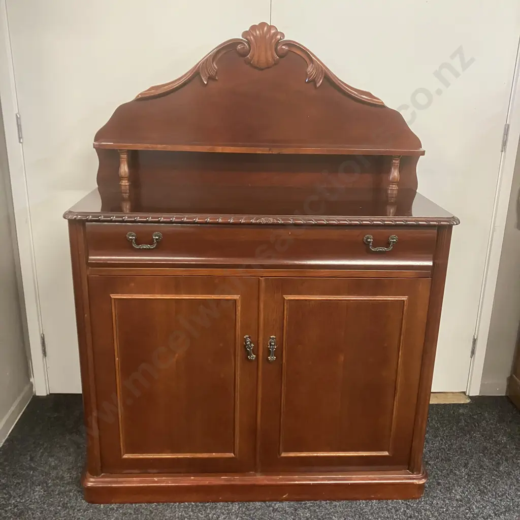 Mahogany Chiffonier, Single Drawer On 2 Doors, Rope Edged, Crested Arched Back With Shelf. H134 W101 D44cm Image 1++