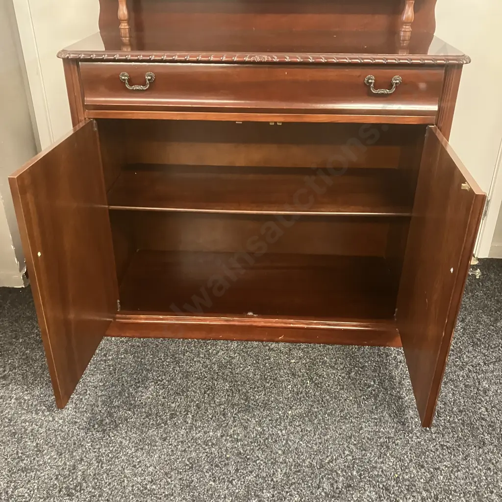 Mahogany Chiffonier, Single Drawer On 2 Doors, Rope Edged, Crested Arched Back With Shelf. H134 W101 D44cm Image 1++