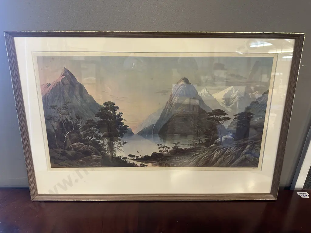Framed Limited Edition Print 495/750 By JC Hoyle 1877 Sunset Mitre Peak & Pembroke Peak Milford Sound H42,W65cm. Image 1++