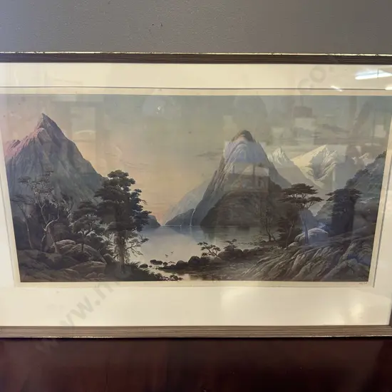 Framed Limited Edition Print 495/750 By JC Hoyle 1877 Sunset Mitre Peak & Pembroke Peak Milford Sound H42,W65cm.