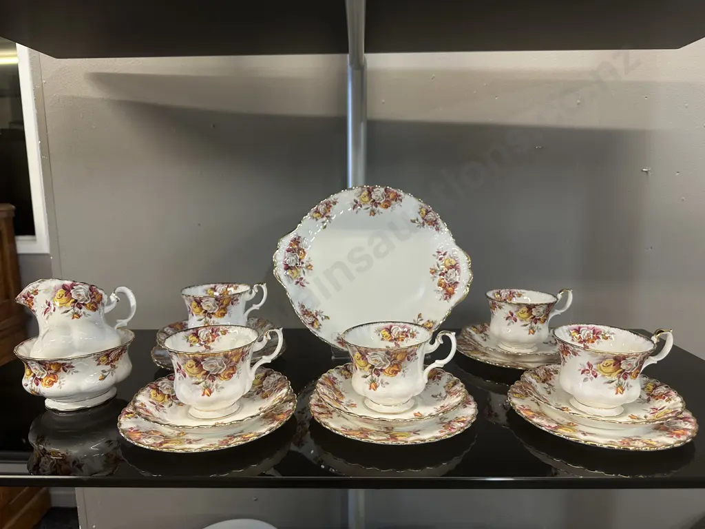 Royal Albert Teaware 'Lenora' Including Five Trios, Cake Plate, Sugar Bowl & Jug With Spare Saucer Image 1++
