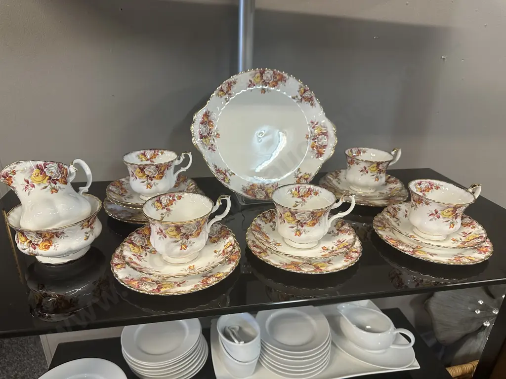 Royal Albert Teaware 'Lenora' Including Five Trios, Cake Plate, Sugar Bowl & Jug With Spare Saucer Image 1++