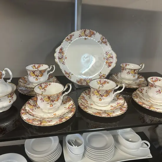 Royal Albert Teaware 'Lenora' Including Five Trios, Cake Plate, Sugar Bowl & Jug With Spare Saucer