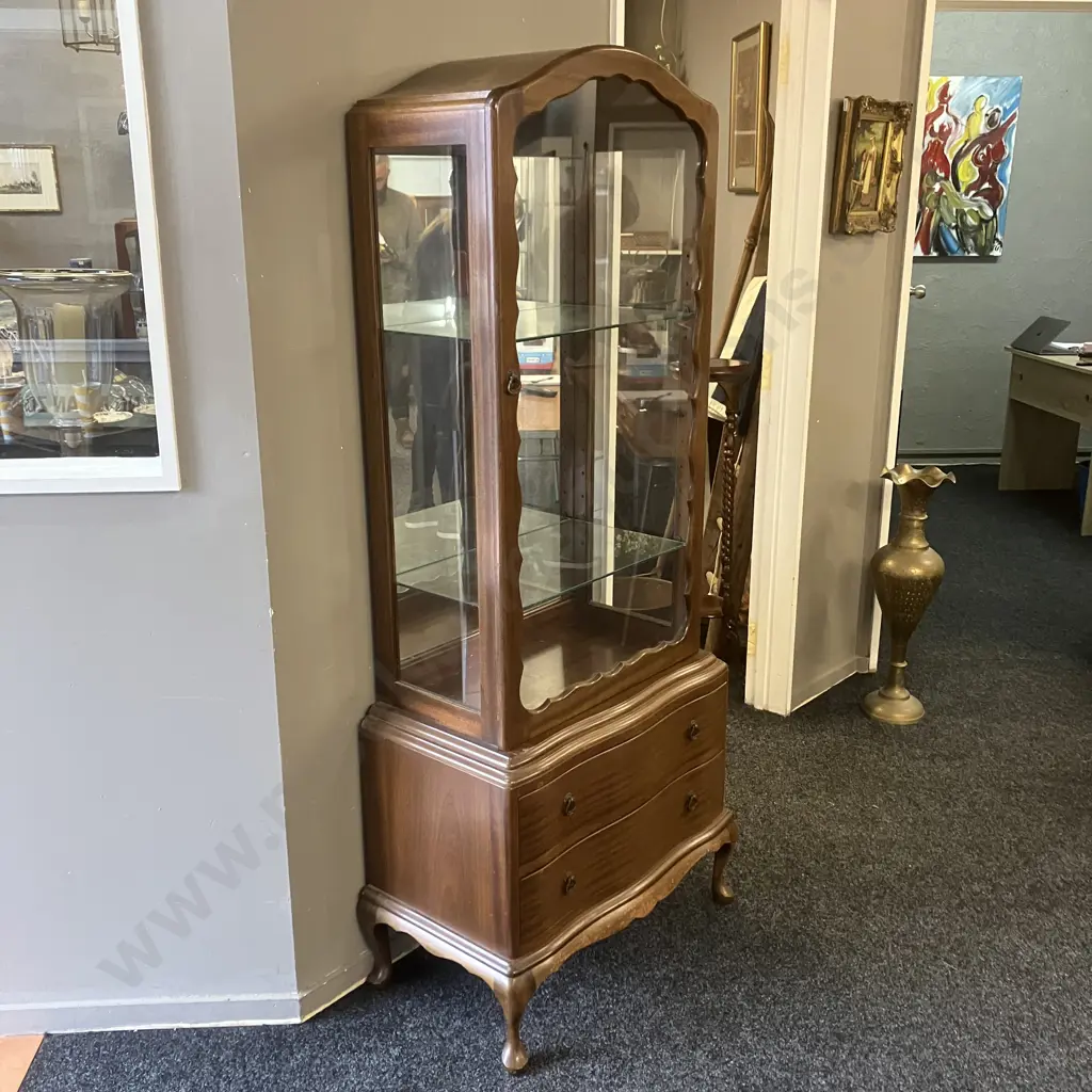 Queen Anne Style Mahogany Dome Top Display Cabinet, 2 Glass Shelves, Mirror Back, 2 Drawers in Base. H173 W73 D41c Image 1++