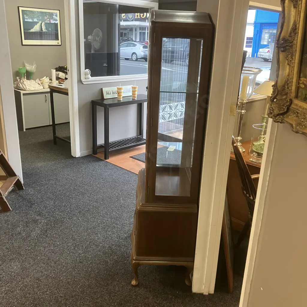 Queen Anne Style Mahogany Dome Top Display Cabinet, 2 Glass Shelves, Mirror Back, 2 Drawers in Base. H173 W73 D41c Image 1++