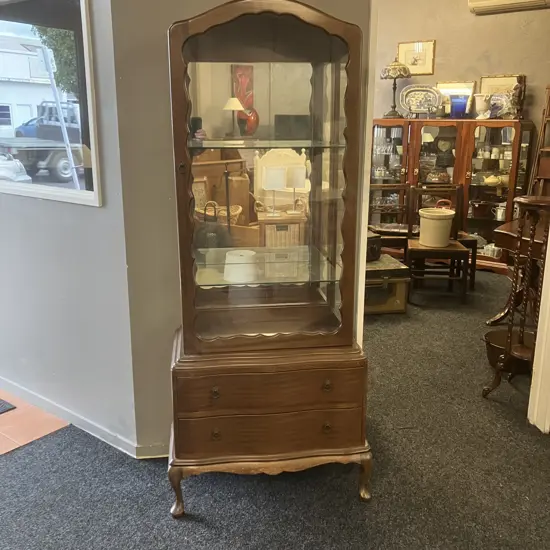 Queen Anne Style Mahogany Dome Top Display Cabinet, 2 Glass Shelves, Mirror Back, 2 Drawers in Base. H173 W73 D41c