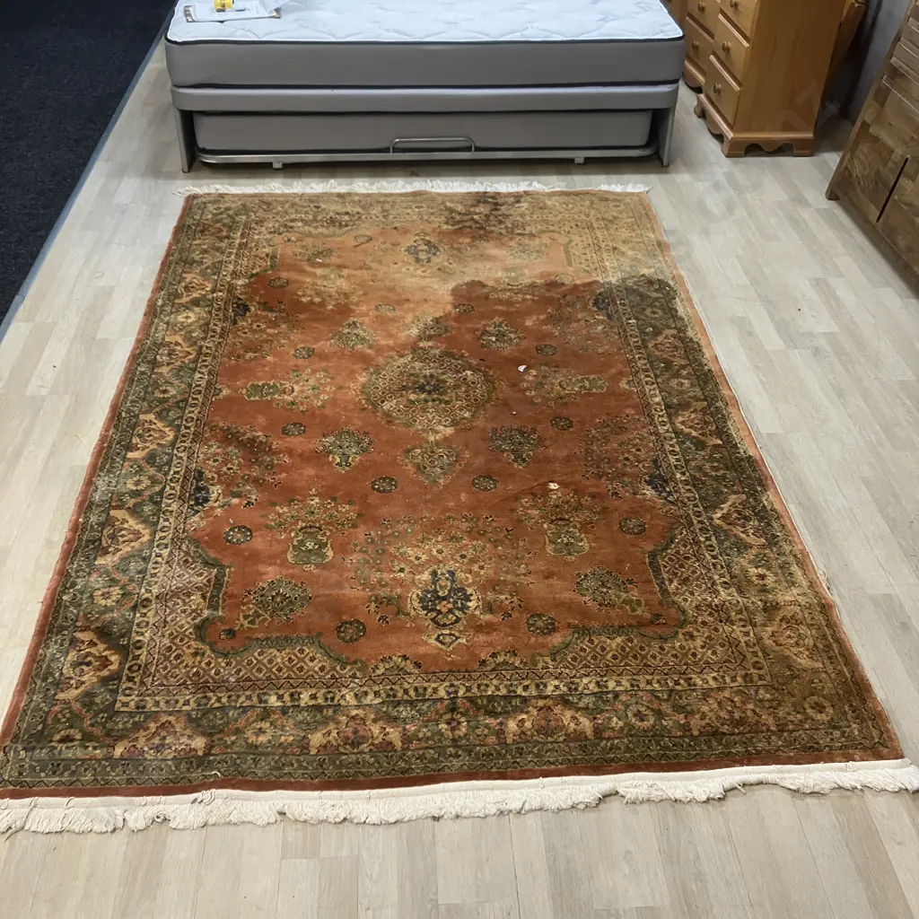 Woollen Floor Rug With Rust Tones & Tassels. 1183 x 276cm (As Found Condition) Image 1++