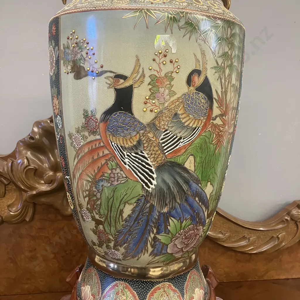 Vintage Large Japanese Satsuma Style Moriage & Floral Gilt Accents Two Handled Vase On Hardwood Base. H76cm Image 1++