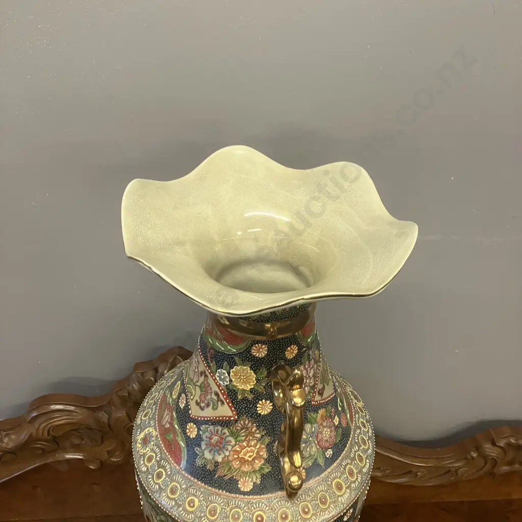 Vintage Large Japanese Satsuma Style Moriage & Floral Gilt Accents Two Handled Vase On Hardwood Base. H76cm Image 1++