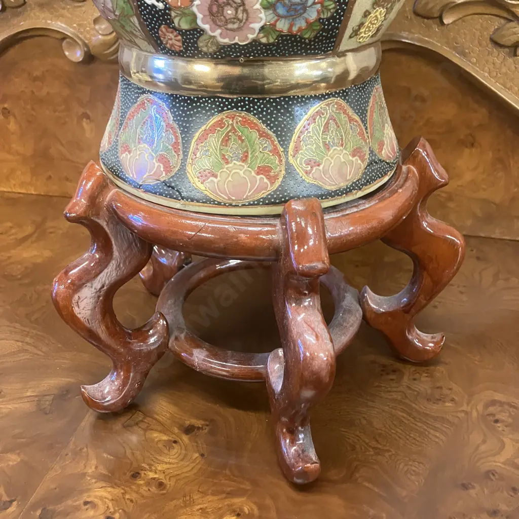 Vintage Large Japanese Satsuma Style Moriage & Floral Gilt Accents Two Handled Vase On Hardwood Base. H76cm Image 1++
