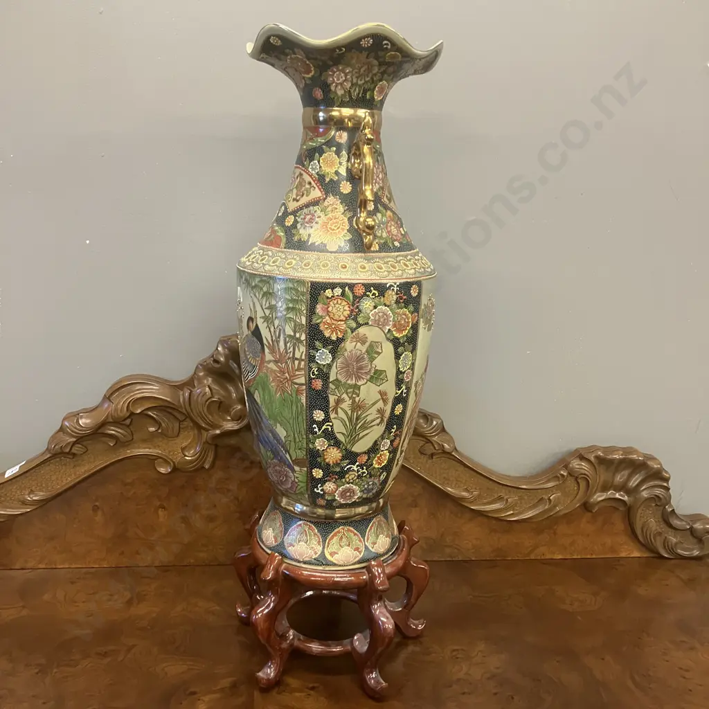 Vintage Large Japanese Satsuma Style Moriage & Floral Gilt Accents Two Handled Vase On Hardwood Base. H76cm Image 1++