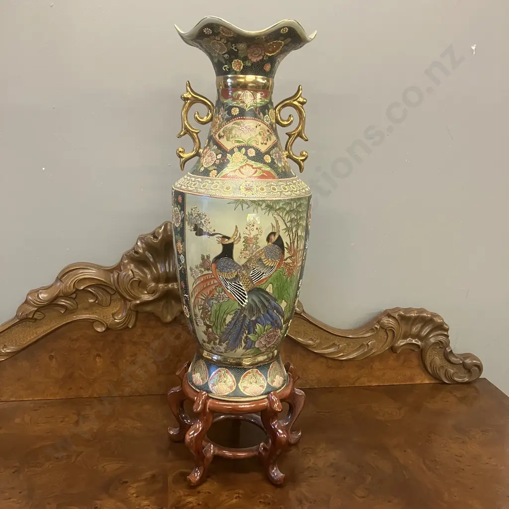Vintage Large Japanese Satsuma Style Moriage & Floral Gilt Accents Two Handled Vase On Hardwood Base. H76cm Image 1++