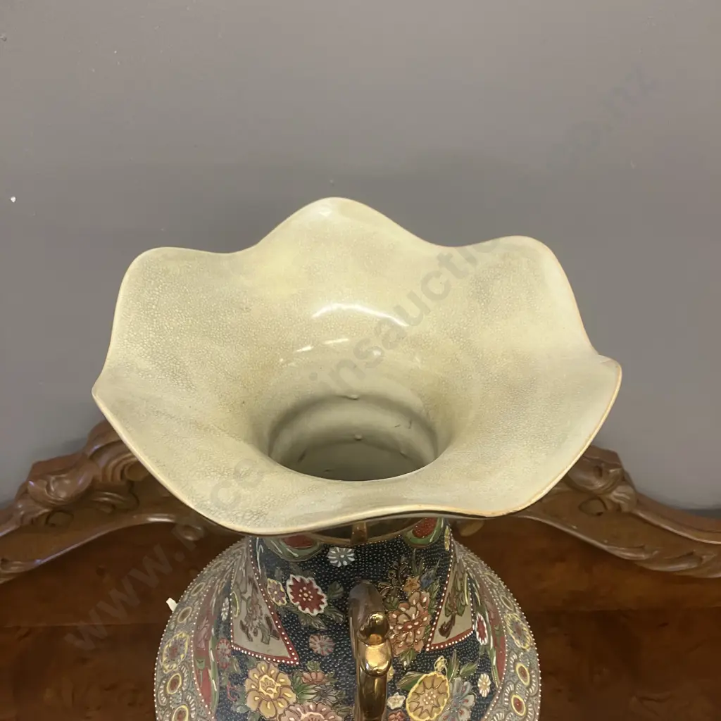 Vintage Large Japanese Satsuma Style Moriage & Floral Gilt Accents Two Handled Vase. H60cm Image 1++