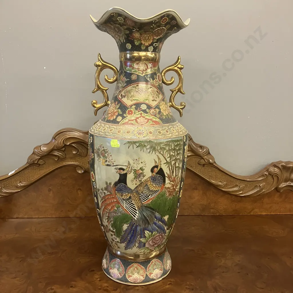 Vintage Large Japanese Satsuma Style Moriage & Floral Gilt Accents Two Handled Vase. H60cm Image 1++