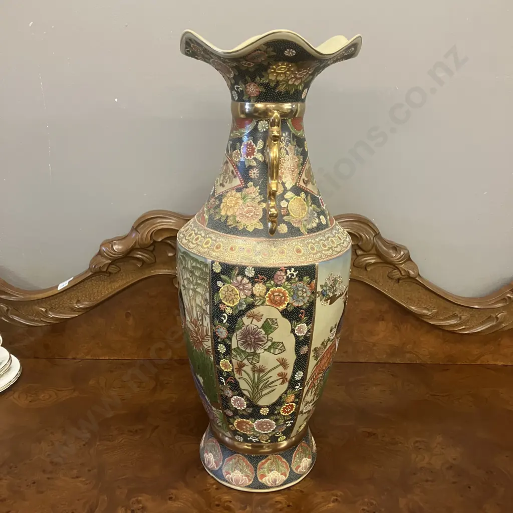Vintage Large Japanese Satsuma Style Moriage & Floral Gilt Accents Two Handled Vase. H60cm Image 1++