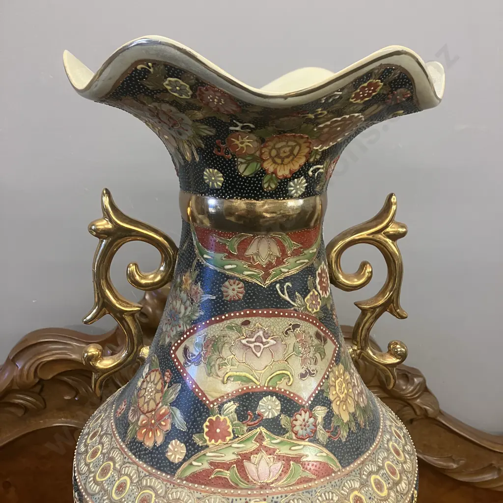 Vintage Large Japanese Satsuma Style Moriage & Floral Gilt Accents Two Handled Vase. H60cm Image 1++