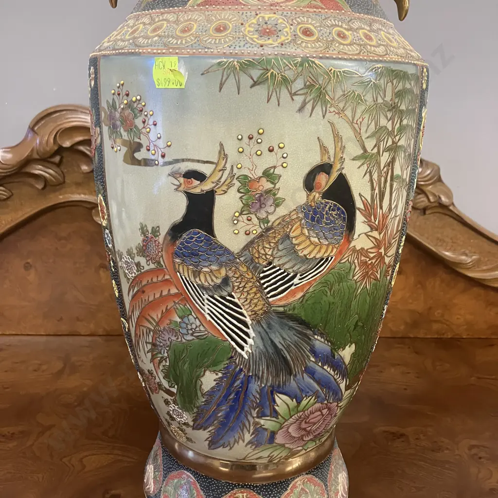 Vintage Large Japanese Satsuma Style Moriage & Floral Gilt Accents Two Handled Vase. H60cm Image 1++