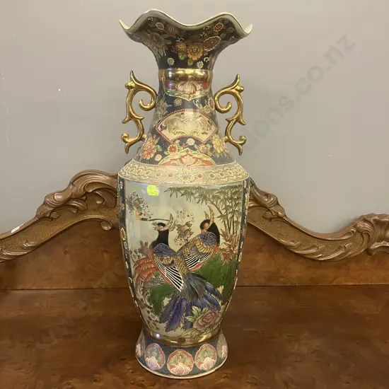 Vintage Large Japanese Satsuma Style Moriage & Floral Gilt Accents Two Handled Vase. H60cm