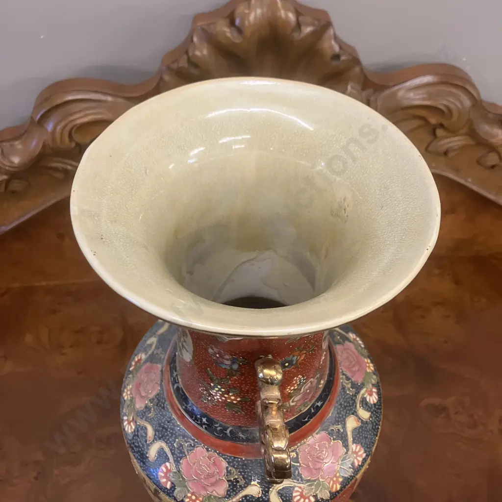 Vintage Japanese Satsuma Style Floral With Gilt Accents Two Handled Vase. H47cm Image 1++