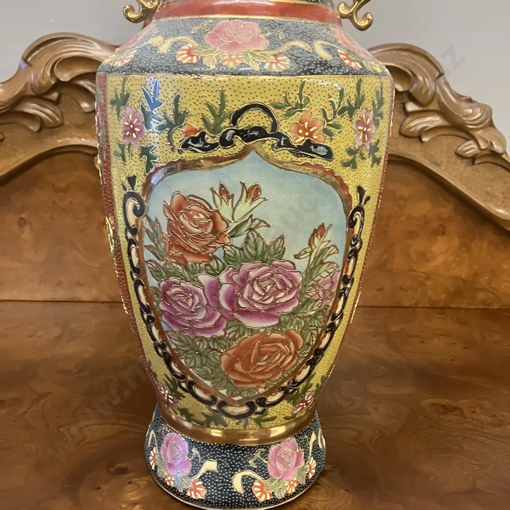 Vintage Japanese Satsuma Style Floral With Gilt Accents Two Handled Vase. H47cm Image 1++