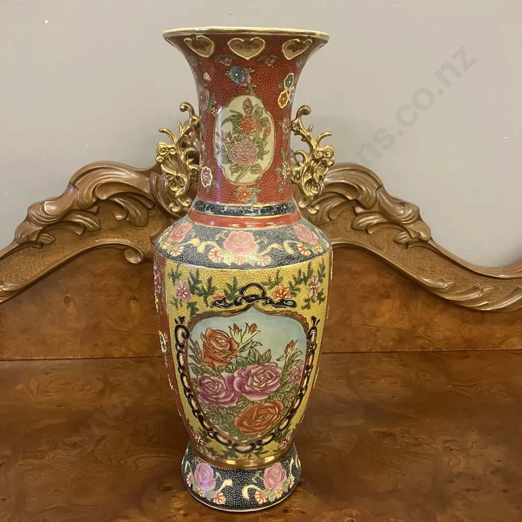 Vintage Japanese Satsuma Style Floral With Gilt Accents Two Handled Vase. H47cm Image 1++