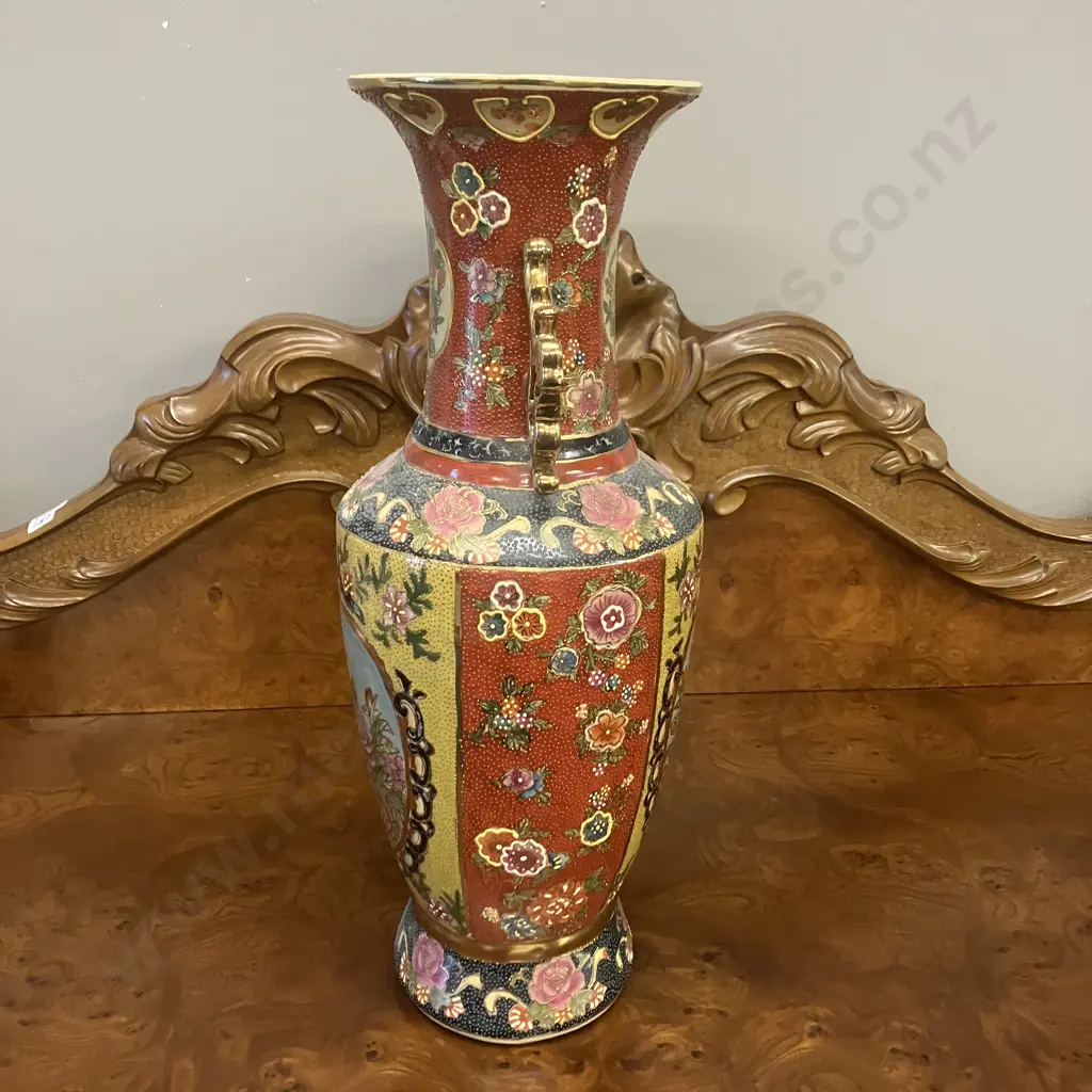 Vintage Japanese Satsuma Style Floral With Gilt Accents Two Handled Vase. H47cm Image 1++
