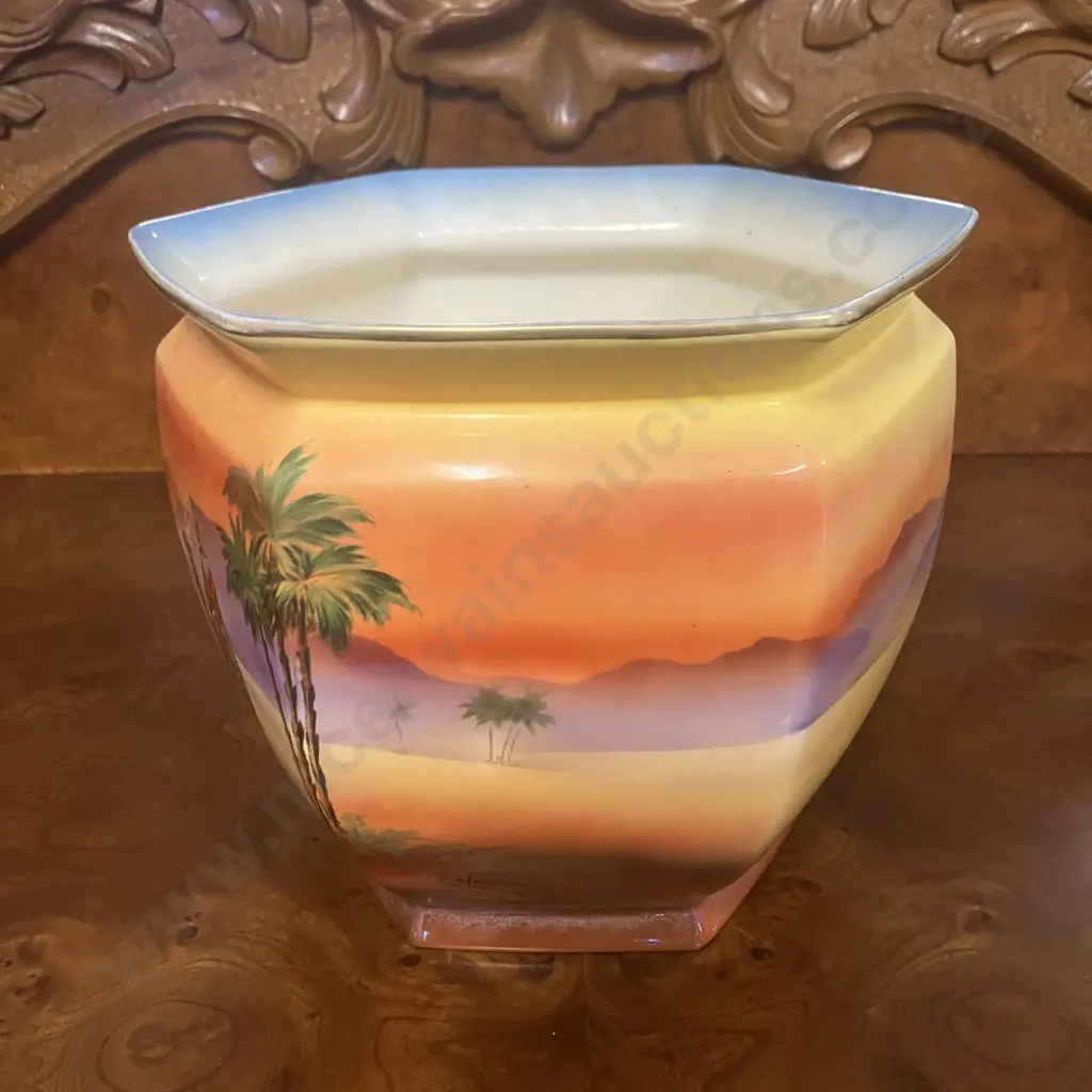 Vintage Clifton Falconware Pottery Hexagonal Planter With Painted Desert Scene & Camels. 19 x 21.5cm Image 1++