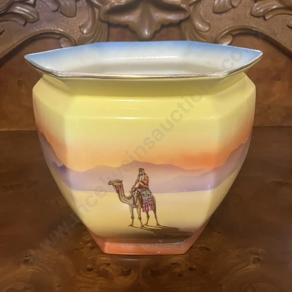 Vintage Clifton Falconware Pottery Hexagonal Planter With Painted Desert Scene & Camels. 19 x 21.5cm Image 1++