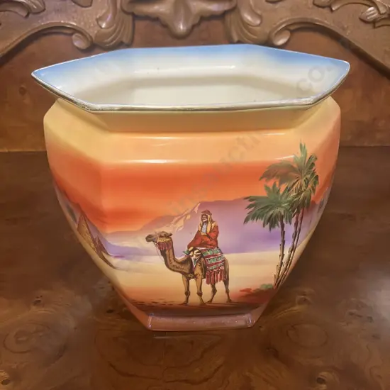 Vintage Clifton Falconware Pottery Hexagonal Planter With Painted Desert Scene & Camels. 19 x 21.5cm