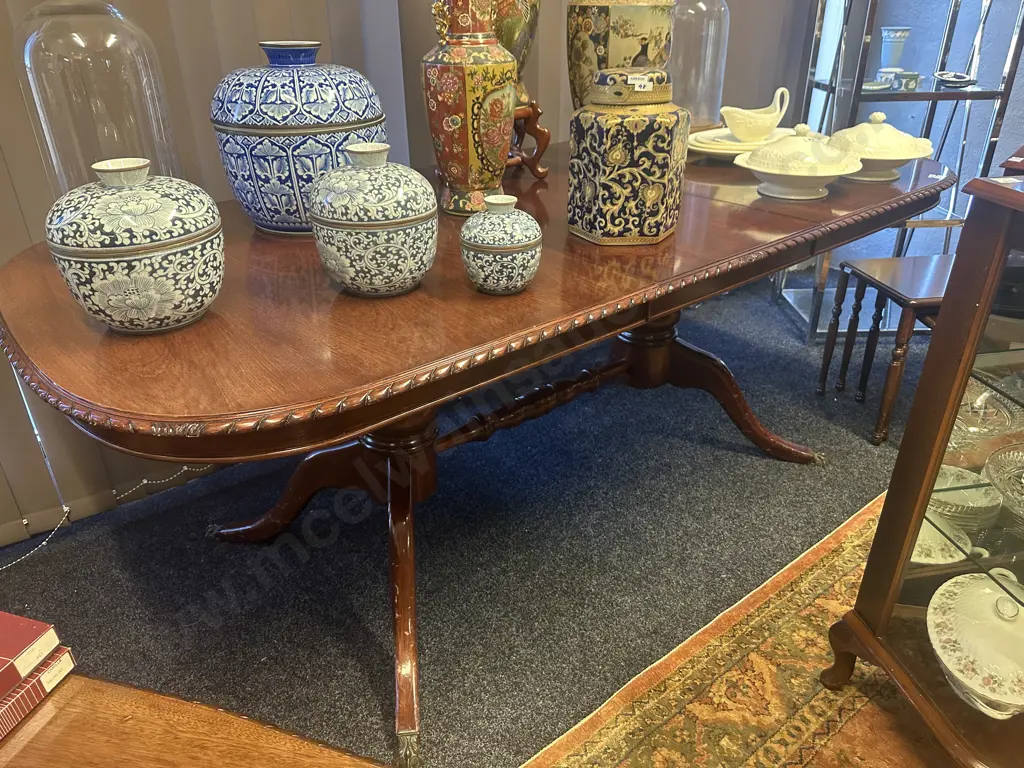 Mahogany Extension Dining Table, Rope Edged, Double Pedestal With Brass Claw Feet. 159 x 96cm With 45.5cm Extension Image 1++
