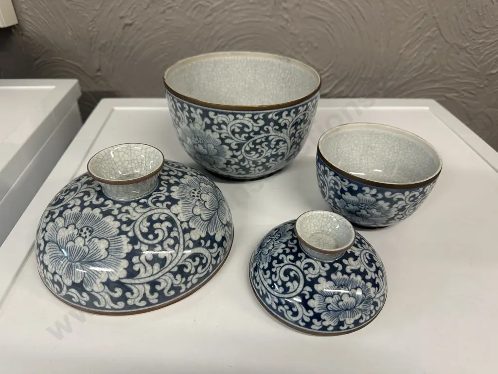 Two Vintage Maitland Smith Blue & White Chinoiserie Crackle Glazed Two Piece Pots Mark On Base H21,H14 cm. Image 1++
